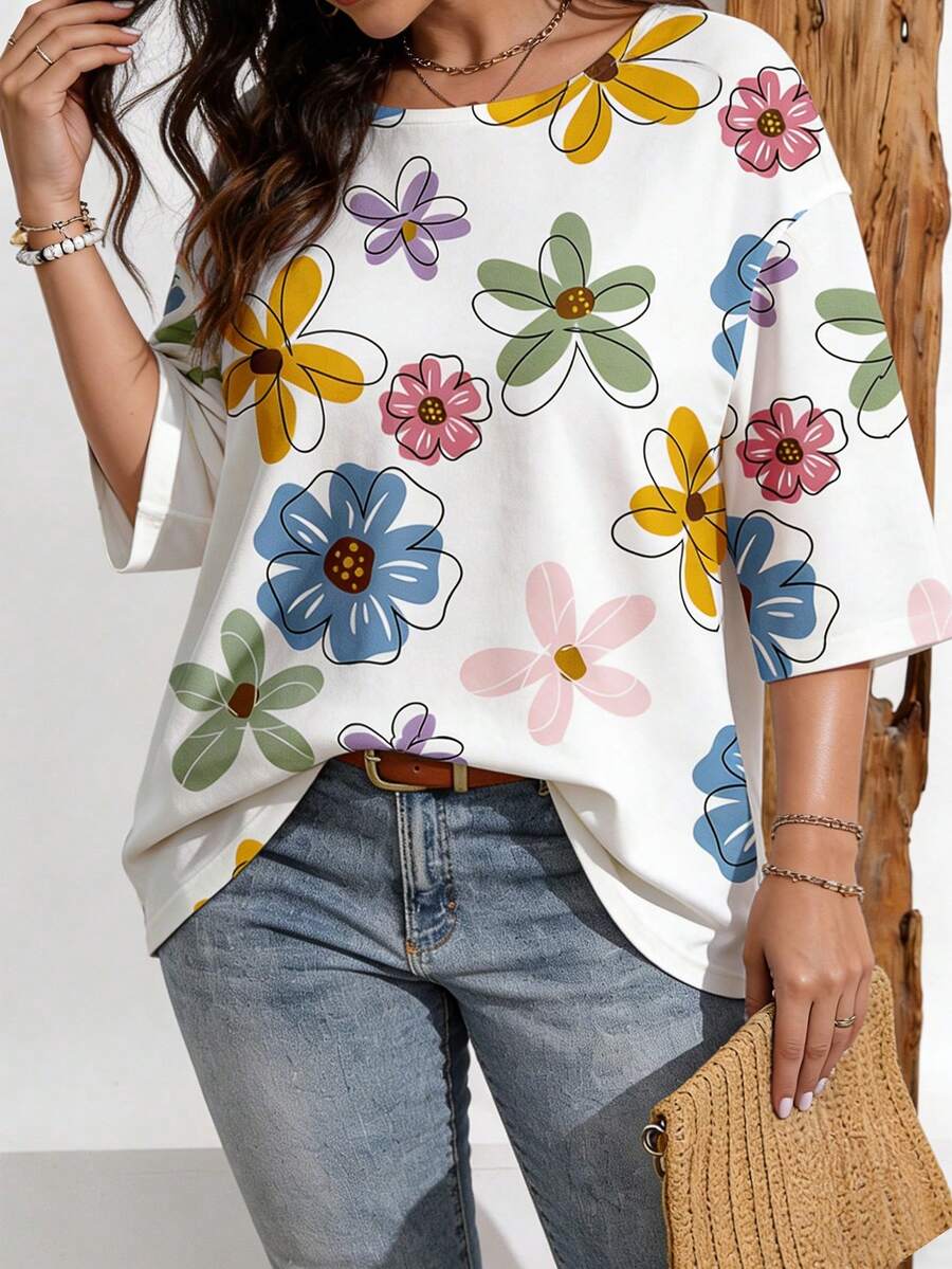 EMERY ROSE Plus Size Women's Fashion Floral Print Drop Shoulder T-Shirt, Suitable For Summer Ladies Tops - Multicolor - View 1