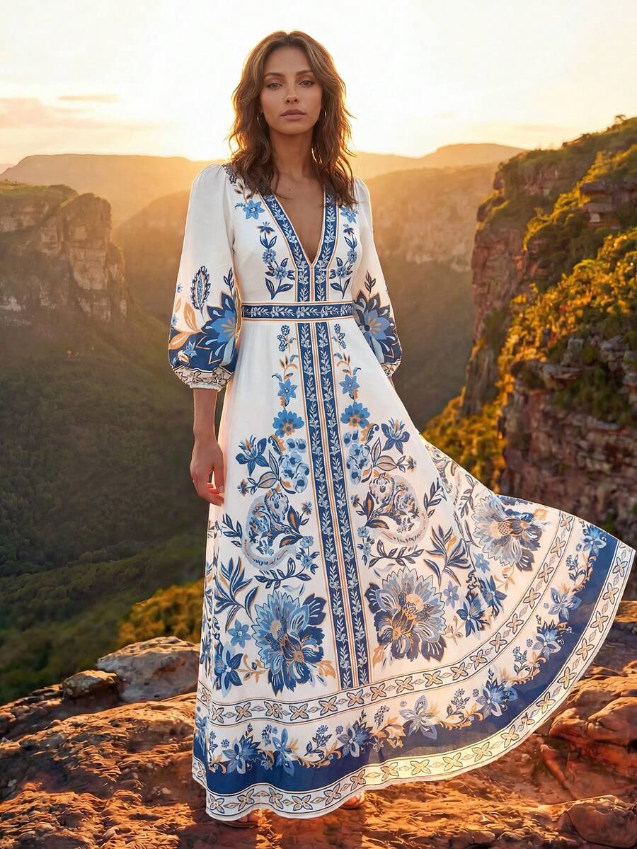 CAJUNI Vestido casual de mujer con estampado floral, cuello en V y mangas farol, para primavera/verano - Beis - Ver 1