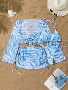 SHEIN Swim 4 件套女士海滩波浪印花泳装套装，包括比基尼上衣、泳裤、防晒衣上衣、泳裙 - 藍色 - 查看 1