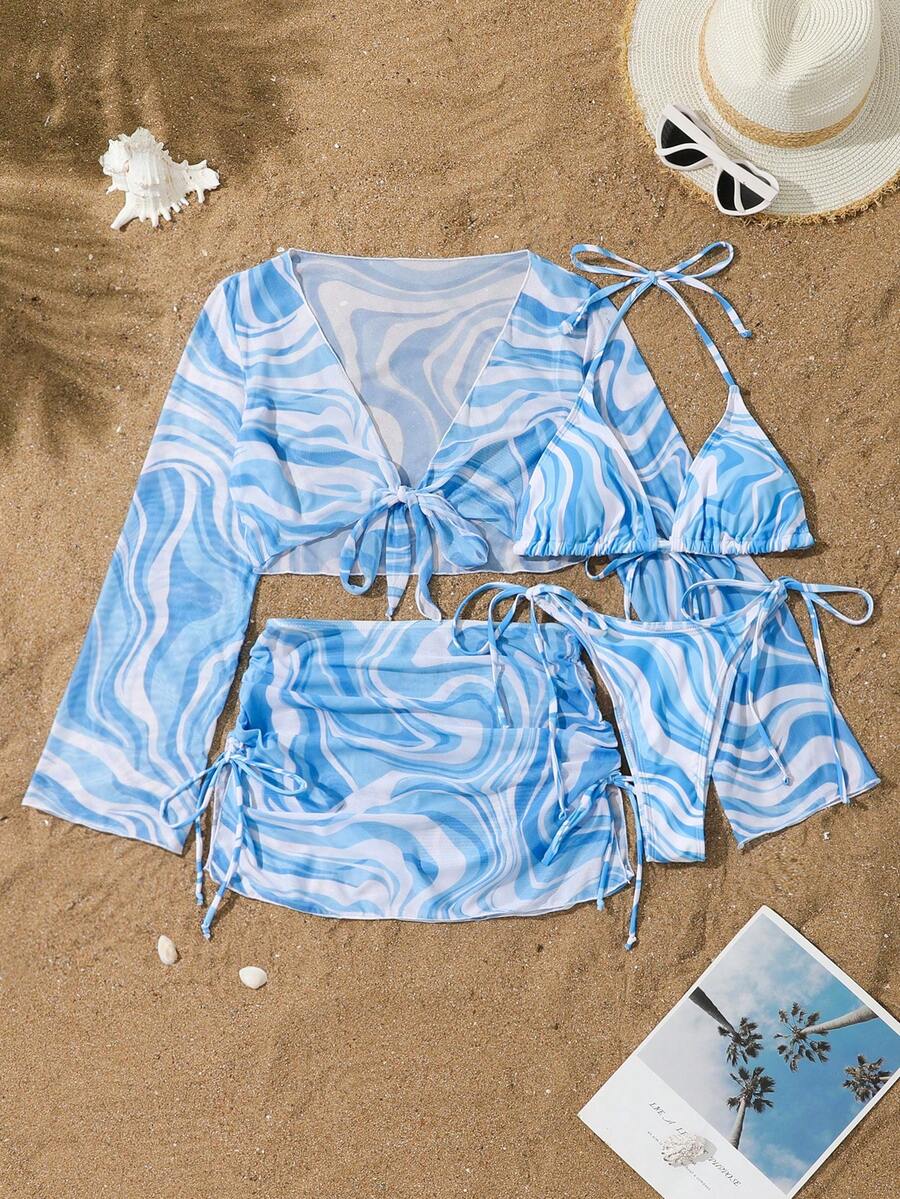 SHEIN Swim 4 件套女士海滩波浪印花泳装套装，包括比基尼上衣、泳裤、防晒衣上衣、泳裙 - 藍色 - 查看 1