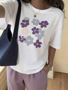 DAZY Floral Print Drop Shoulder Tee & Pants Lounge Set Pajama - Multicolor - View 2