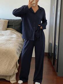 DAZY Women's Solid Color Drop Shoulder Long Sleeve Single-Breasted Top And Pants Simple Knit Comfortable Loungewear Set, Cozy Outfits, Fall Winter Clothes Pajama - Blue - View 2