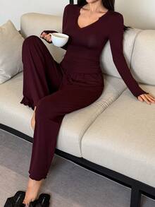 DAZY Solid Color Minimalist Comfortable Knit Women Top & Pants Pajama Set, Cozy Outfit Fall Winter Clothes - Burgundy - View 3