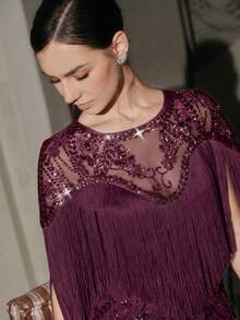Women's Fashion New Arrival High-End Party & Evening Elegant Beaded Patchwork Tassel Suit - Purple - View 7