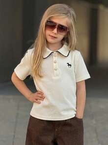 Dazy Kids Young Girl Embroidery Detail Polo Collar Short Sleeve Casual T-Shirt, Summer - Beige - View 3