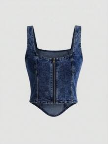 SHEIN MOD 女士纯色不对称下摆方领无袖牛仔上衣 - 深色水洗藍 - 查看 2