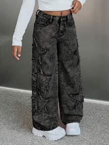 SHEIN Girlism 少女Y2K潮流粉色水洗星星贴布褪色毛边男友风宽松直筒牛仔裤，带星星贴花，女童街头服饰 - 黑色 - 查看 4