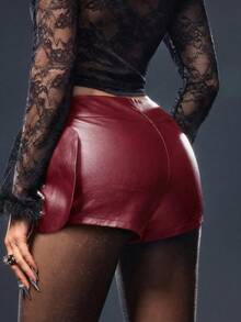 ROMWE Avant Holiday Party Sexy Metallic Studded Super Low-Rise Mini Shorts - Burgundy - View 3