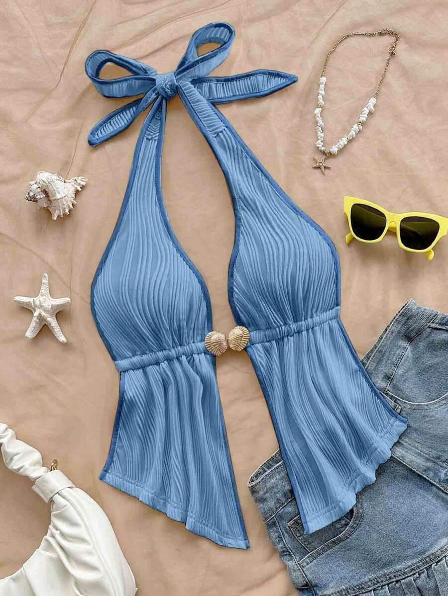 Soleia 性感V领金属装饰露背荷叶边红色纹理面料女士吊带背心，适合海滩度假、约会、下午茶、假期、音乐节、波西米亚风等场合。 - 淺藍色 - 查看 1