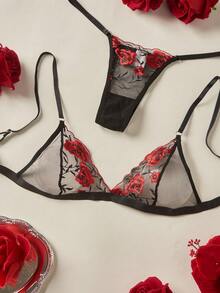 Spicy Aura Conjunto de lencería con bordado floral de malla - Negro - Ver 4