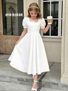 SHEIN Tween Girls' Square Neck Puff Sleeve Cinched Waist Short Sleeve Dress, Filipiniana Terno - White - View 1