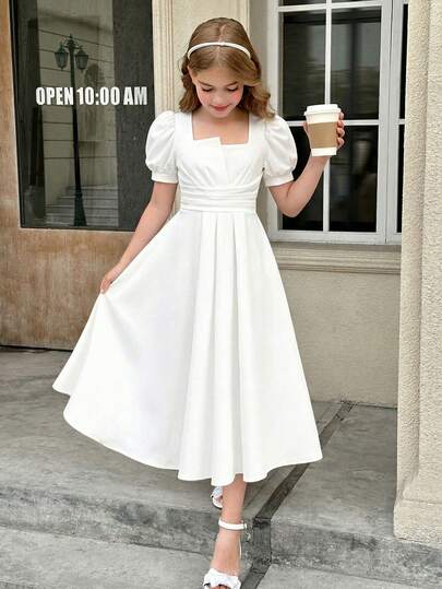 SHEIN Tween 女童方领泡泡袖收腰短袖连衣裙