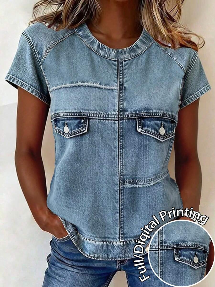 Denim Effect Print Round Neck Fitted Short Sleeve T-Shirt - Blue - View 1