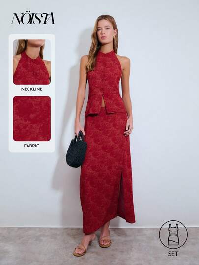Nöista Two Pieces Set Sleeveless Red Jacquard With Button-Down Front Top And Midi Skirt. Formal Occasions, Coordinated, Two Pieces, Spring, Summer, .
