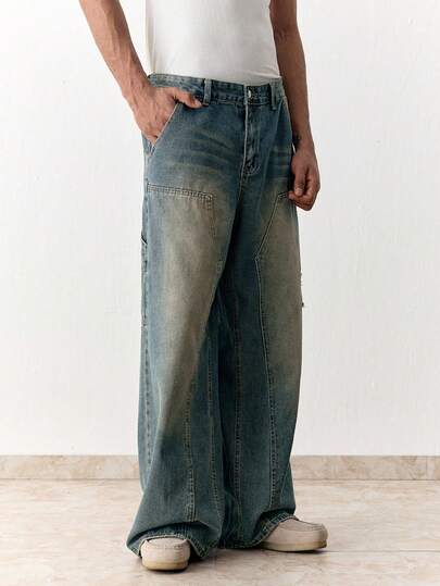 SWAVVY Quần jeans nam dáng suông, kiểu dáng thường ngày, đã qua xử lý giặt.