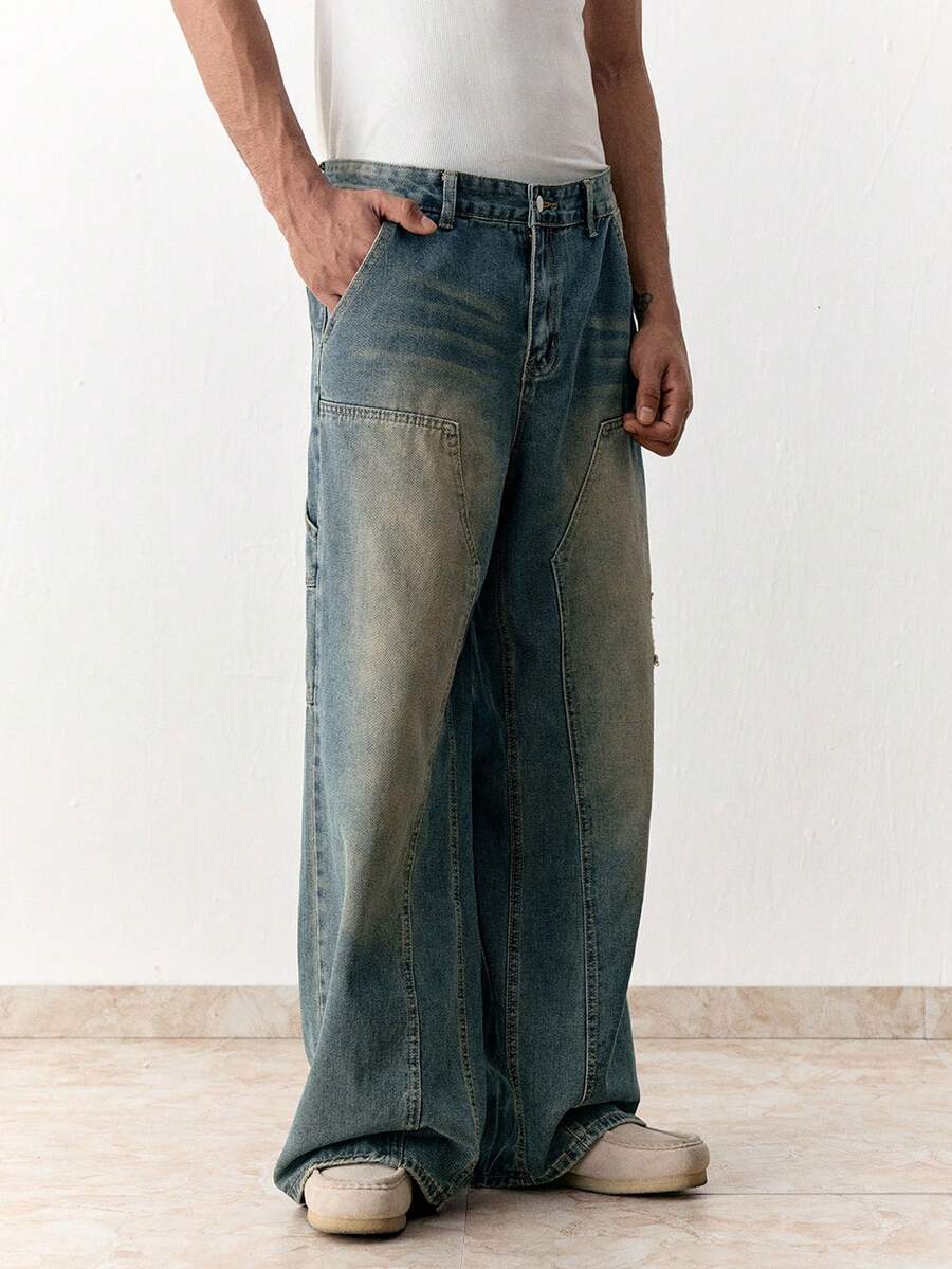 SWAVVY 男士休闲水洗直筒牛仔裤 - 深色水洗藍 - 查看 1