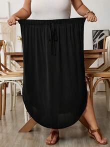 SHEIN CURVE+ Chân váy trơn màu trơn, cạp chun, gấu cong. - màu đen - Xem 5