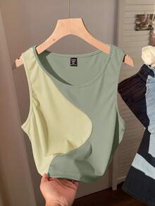 Comfortcana Áo tank top cỡ lớn cổ tròn phối màu tương phản, kiểu dáng thường ngày, thích hợp cho mùa hè. - màu xanh lá - Xem 6