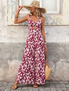 Brillora 女士春夏扭结镂空豹纹连体裤连衣裙 女装 女士连衣裙 女士连衣裙 - 酒紅色 - 查看 6