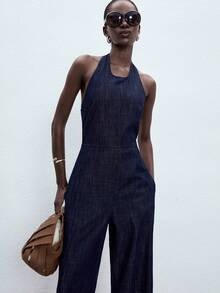 ATUI Studio 女士休闲性感露背吊带牛仔连体裤，带侧袋，适合夏季度假 - 藏蓝色 - 查看 6