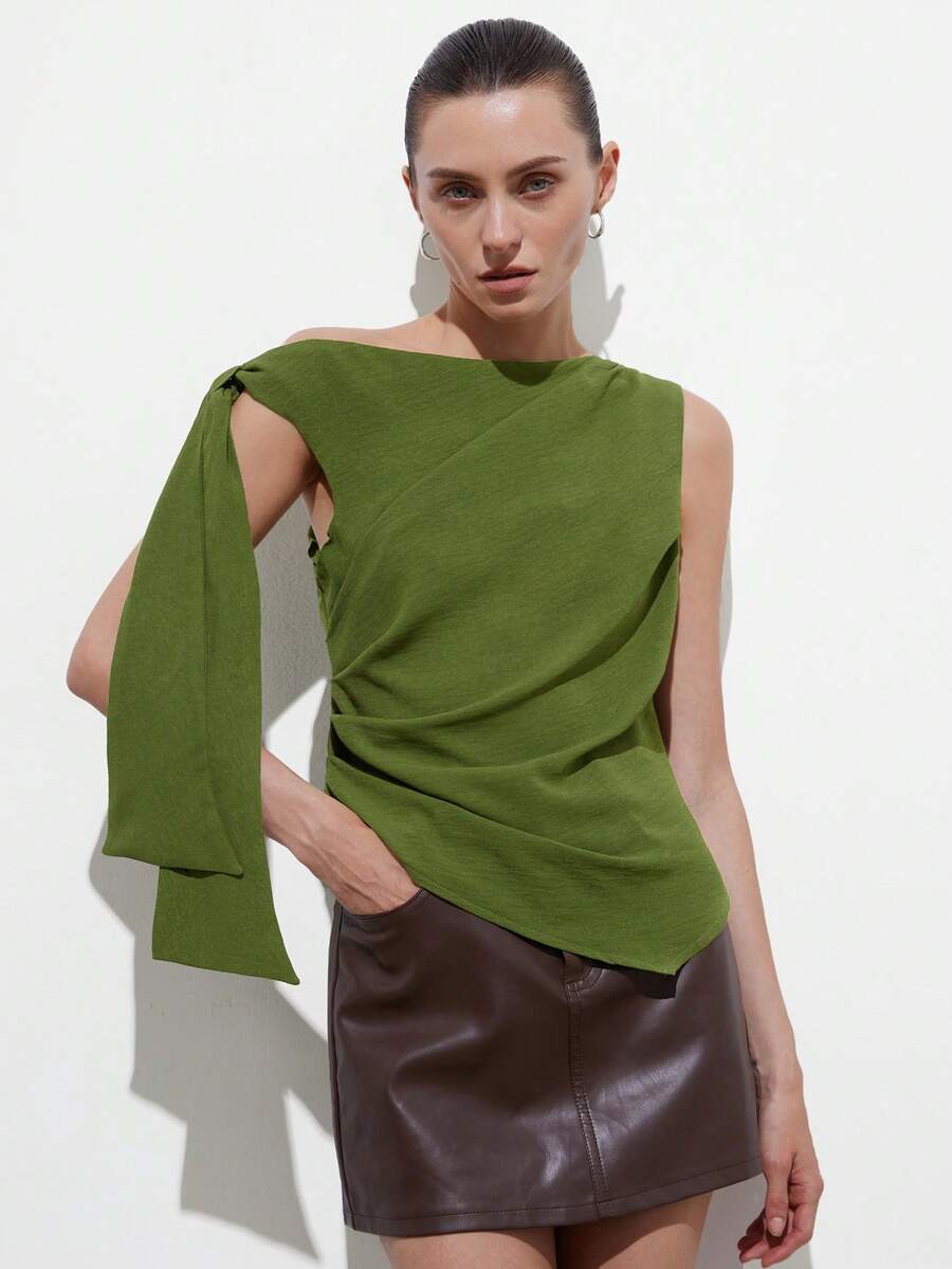 Aveloria Modichic Women's Crinkled Textured Fabric Slim Fit Asymmetric Cut One Shoulder Tie Strap And Side Ruched Design Modern Elegant Vacation Style Green Elegant Women's Blouses Vacation Outfits Women Summer Tops Green Dress - Green - View 1