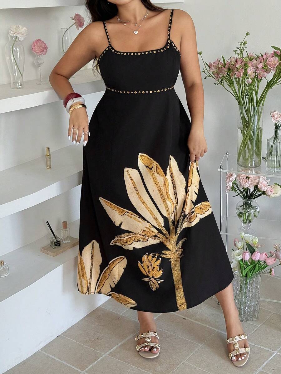 GalTyme 大码印花无袖休闲连衣裙 - 黑色 - 查看 1