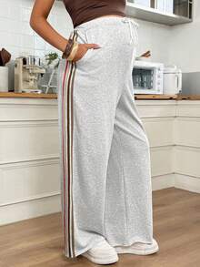 SHEIN Quần bầu dáng rộng, kẻ sọc phối màu, cạp chun, kiểu dáng thường ngày. - Xám - Xem 1