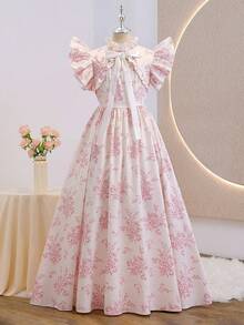Tween Girls' Elegant Floral Print 2 In 1 Flutter Sleeve Bow Decor Long Dress, Suitable For Vacation, Party And Gathering - Pink - View 3