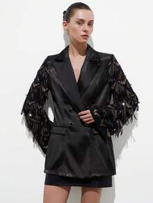Aveloria Modichic European And American Style Sequin Patchwork Double-Breasted Shiny Blazer - Black - View 2