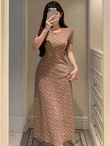 DAZY Ditsy Floral Cinched Waist Long Women's Nightgown Pajama - Khaki - View 3