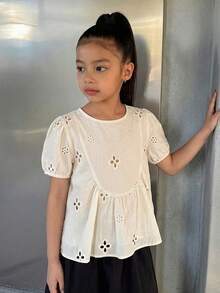 Dazy Kids Tween Girls Embroidered Hollow Puff Sleeve Shirt With Peter Pan Collar,Back To School Clothes Vacation - Beige - View 4