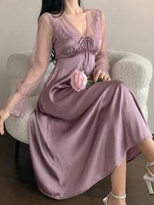 DAZY Women's Romantic Mesh & Satin Trim Lace Decor Nightgown, Spring/Summer Pajama, Fall, Winter - Purple - View 1