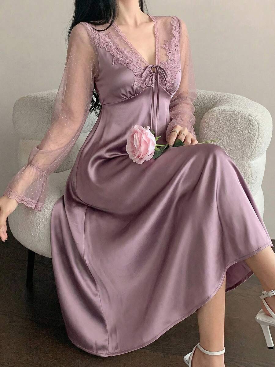 DAZY Women's Romantic Mesh & Satin Trim Lace Decor Nightgown, Spring/Summer Pajama, Fall, Winter - Purple - View 1