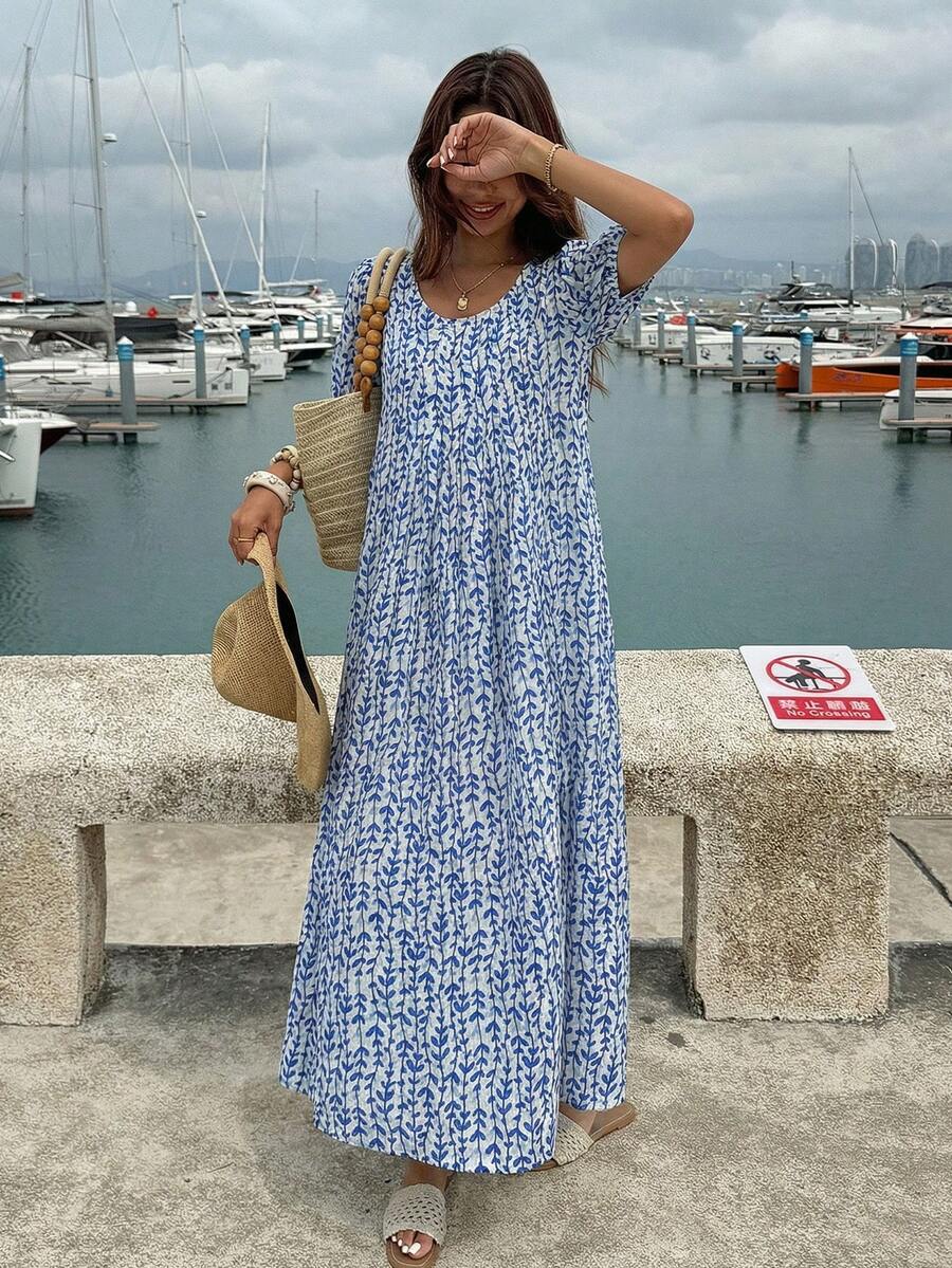 DAZY Floral Print Lightweight Short Sleeve Nightgown For Women Pajama, Moo Moo Sleep Dress - Blue - View 1