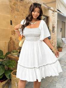 Vionelle Robe décontractée blanche ample à manches bouffantes pour les vacances, printemps/été, grande taille - Blanc - Voir 4