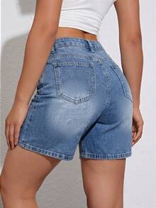 Rivivi Fashionable Casual Distressed Washed Denim Shorts - Medium Wash - View 2
