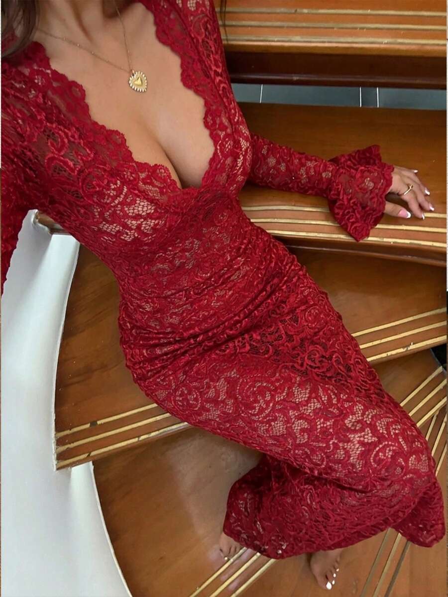 Lace Sheer Fitted Long Sexy Nightgown Red Women Dresses Pajama - Burgundy - View 1