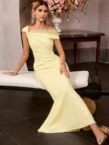 MOTF Soiréza Vestido formal elegante com contraste de renda, primavera/verão. - Amarelo - Ver 7