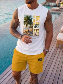 VIVINTIMO 2 件套时尚休闲成熟度假椰子树照片和字母印花修身背心和短裤套装，适合男士，是完美的夏季度假、约会、派对装，是送给男朋友的理想礼物，也是男士沙滩装 - 彩色 - 查看 1