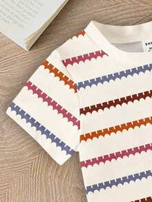SHEIN 1 set T-shirt à manches courtes décontracté, confortable, mode, frais et mignon avec imprimé rayé et floral. Convient pour le port quotidien au printemps/été et les hauts - Multicolore - Voir 6