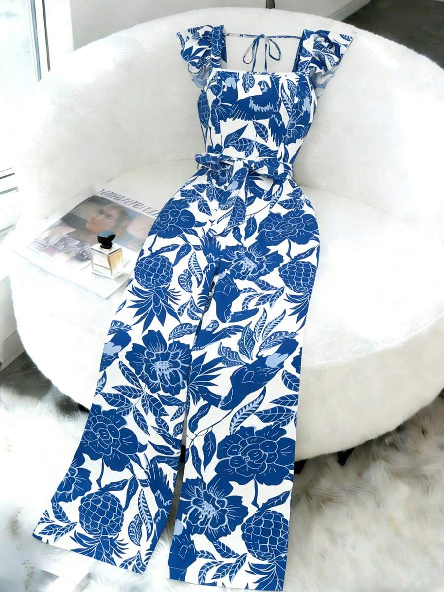 Elenzga Bộ jumpsuit nữ thời trang mới cổ vuông tay bèo in hình quả dứa, kiểu dáng thường ngày, thích hợp cho kỳ nghỉ hè. - Xanh và trắng - Xem 1