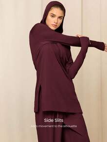 GLOWMODE Áo hoodie siêu mềm mịn, không đường may, dáng lửng, có lỗ xỏ ngón tay cái, xẻ tà bên hông, thích hợp cho tập luyện cường độ trung bình, chạy bộ, tập gym, hoạt động thể thao hàng ngày. - Màu tím - Xem 3
