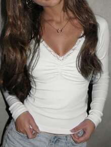 Rina Fox Áo thun dài tay nữ thời trang thường ngày, thanh lịch, dễ thương, kẻ sọc, phối ren. - trắng - Xem 3