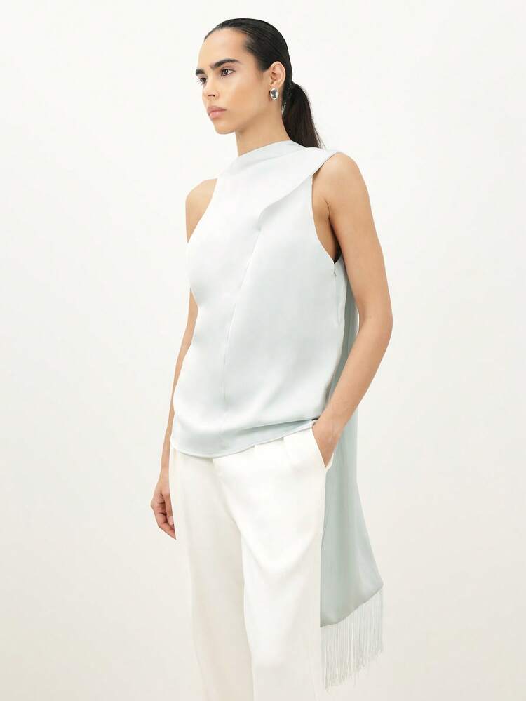 KSTM Women Sleeveless Asymmetrical Mock Neck Blouse With Scarf Detail Side Cutout Tank Top Casual Contemporary