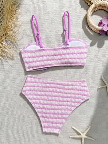 SHEIN Bộ bikini hai mảnh kẻ sọc hồng trắng cho bé gái tuổi teen, kiểu dáng mùa hè mới, thiết kế không dây, cạp cao, thân thiện với da và nhanh khô, trang phục thời trang cho nữ đi nghỉ mát ở bãi biển/hồ bơi. Bộ bikini hai mảnh kẻ sọc dành cho nữ. - Màu tím - Xem 2