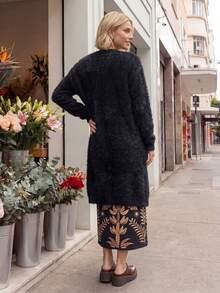 CAJUNI Áo khoác cardigan dài màu đen bằng vải nỉ, phong cách thanh lịch cho kỳ nghỉ - màu đen - Xem 2