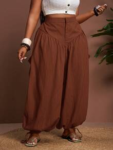 Veslaya 大码女式冬季纯色褶裥超阔腿裤，带抽绳裤脚，百搭款式，适合夏季/圣诞节/新年/感恩节/海滩/优雅场合/社交/通勤/日常/商务穿着 - 紅木色 - 查看 5