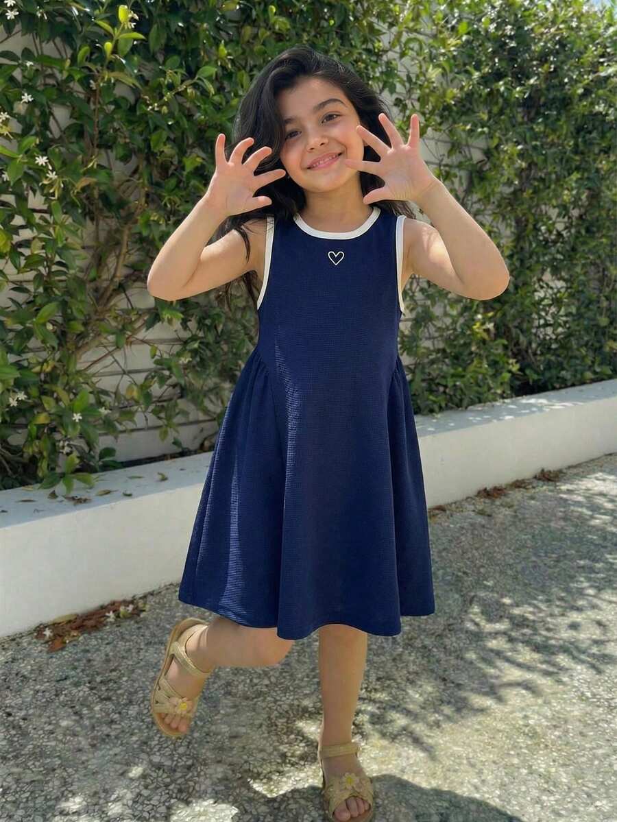 Váy viền màu đơn giản mùa hè cho bé gái - Màu xanh hải quân - Xem 1