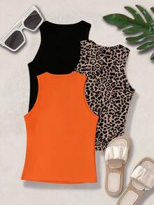 SHEIN CURVE+ Camiseta de tirantes con estampado de leopardo para mujer de talla grande, romántica y versátil, adecuada para citas, ir al trabajo, uso casual diario, primavera/verano - Multicolor - Ver 2
