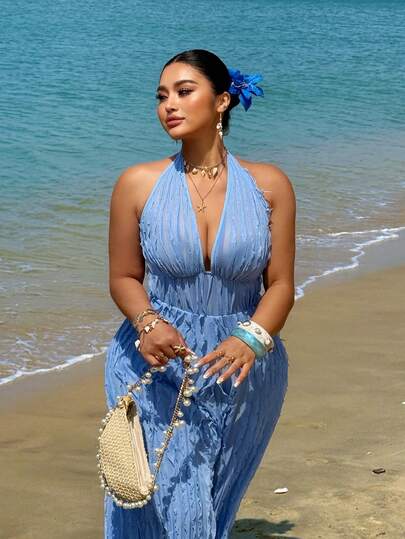 Sunnyshic Bộ jumpsuit đi biển gợi cảm cỡ lớn, cổ chữ V, dây buộc cổ, hở lưng, chất liệu xuyên thấu.